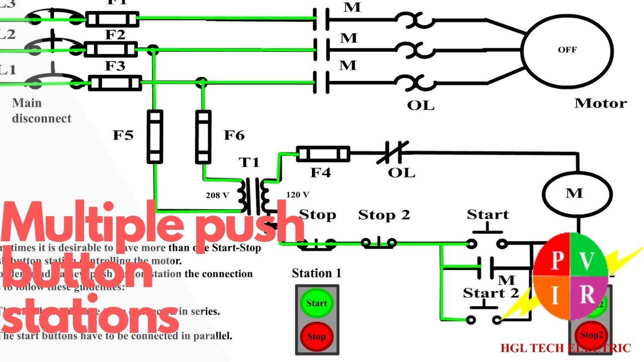 Multiple Push Button Stations. Three Wire Control Multiple Stations - Push Button Start Wiring Diagram