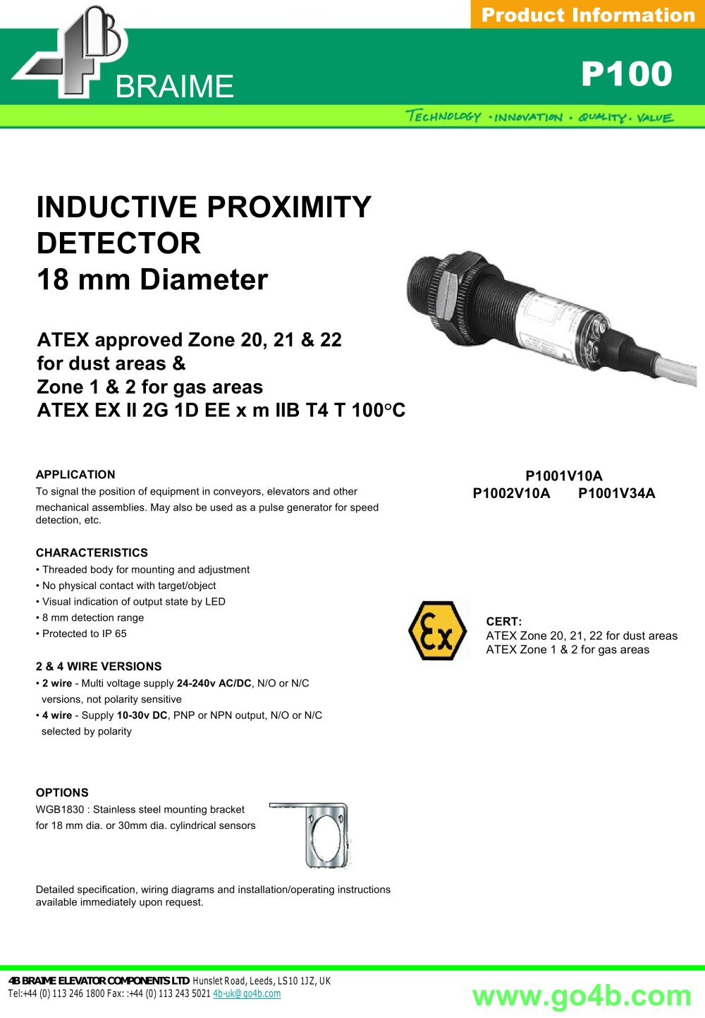 P100 - Inductive Proximity Sensor 18Mm - 4B Braime Components - Pdf - 2 Wire Speed Sensor Wiring Diagram