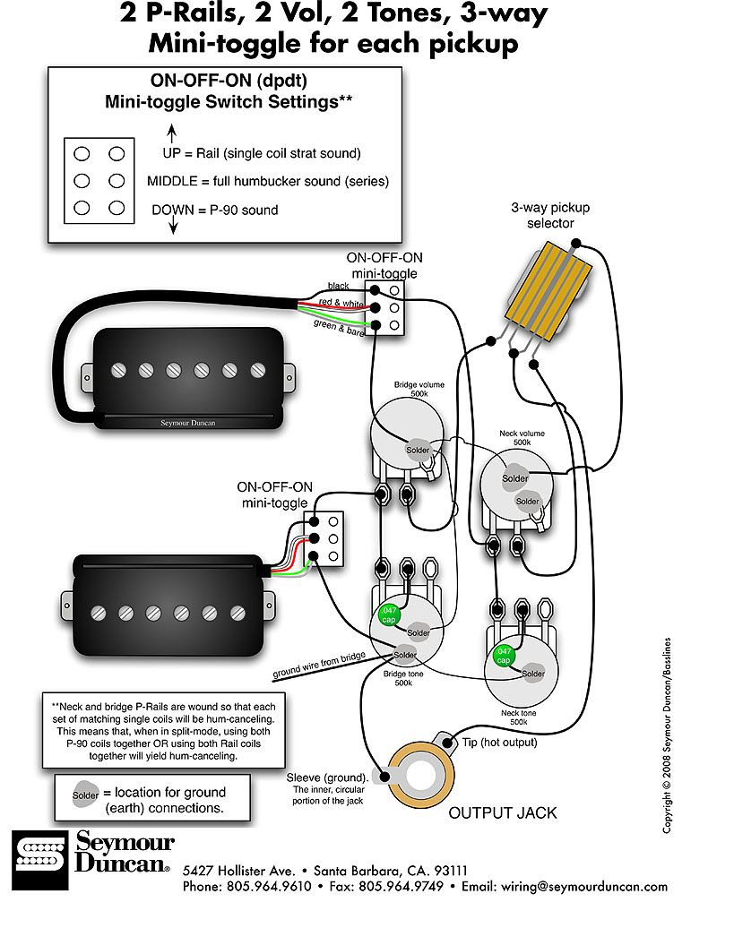 Seymour Duncan P-Rails Wiring Diagram - 2 P-Rails, 2 Vol, 2 Tone, On - Hss Wiring Diagram Coil Split