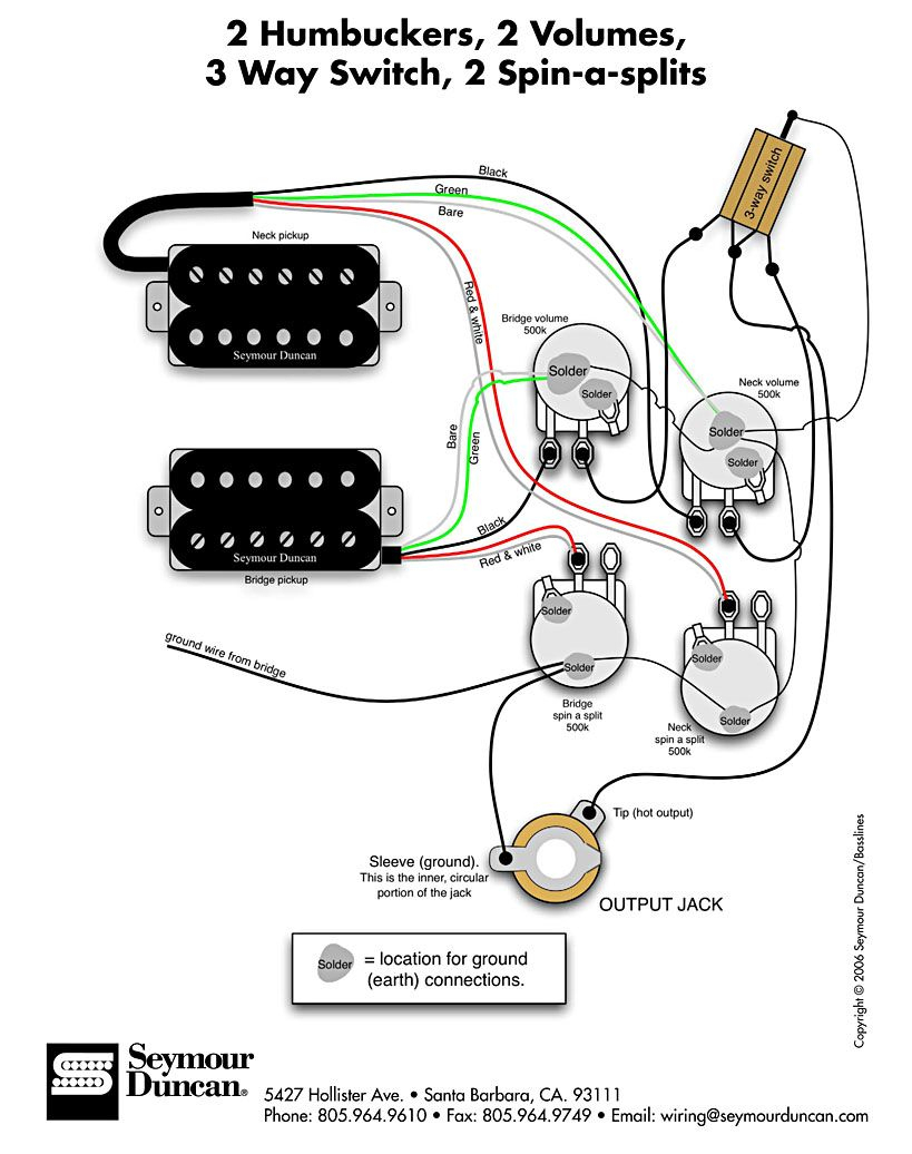 Seymour Duncan Wiring Diagram - 2 Humbuckers, 2 Vol, 3 Way, 2 Spin-A - Seymour Duncan Wiring Diagram