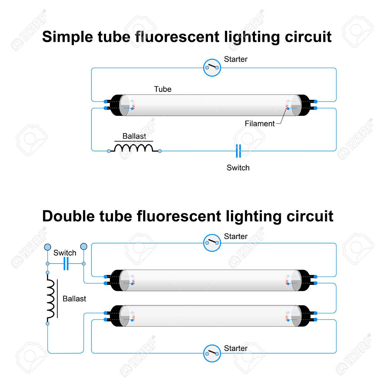 Single And Double Tube Fluorescent Lighting Circuit. Simple Vector - Fluorescent Light Wiring Diagram