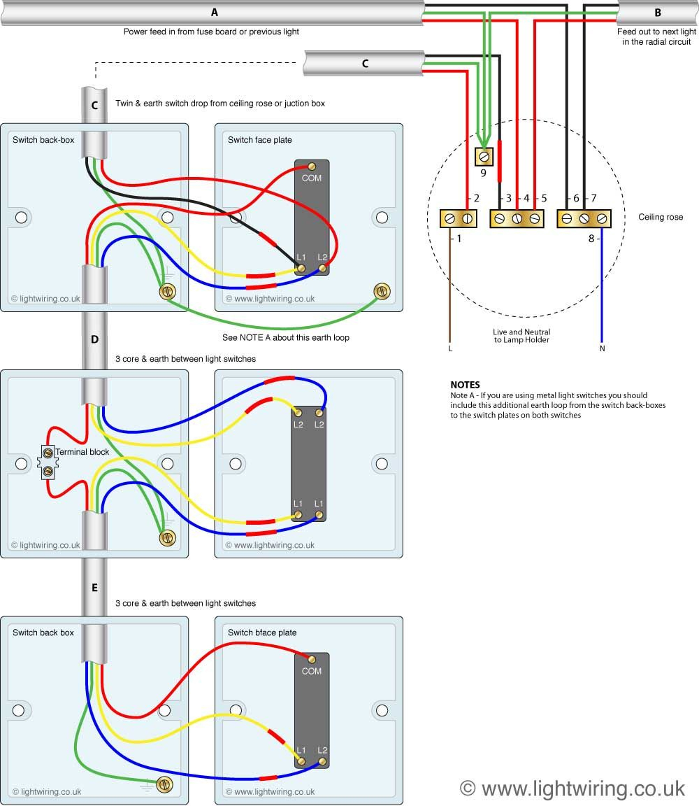 Three Way Light Switching Circuit Diagram (Old Cable Colours - Three Way Light Switch Wiring Diagram