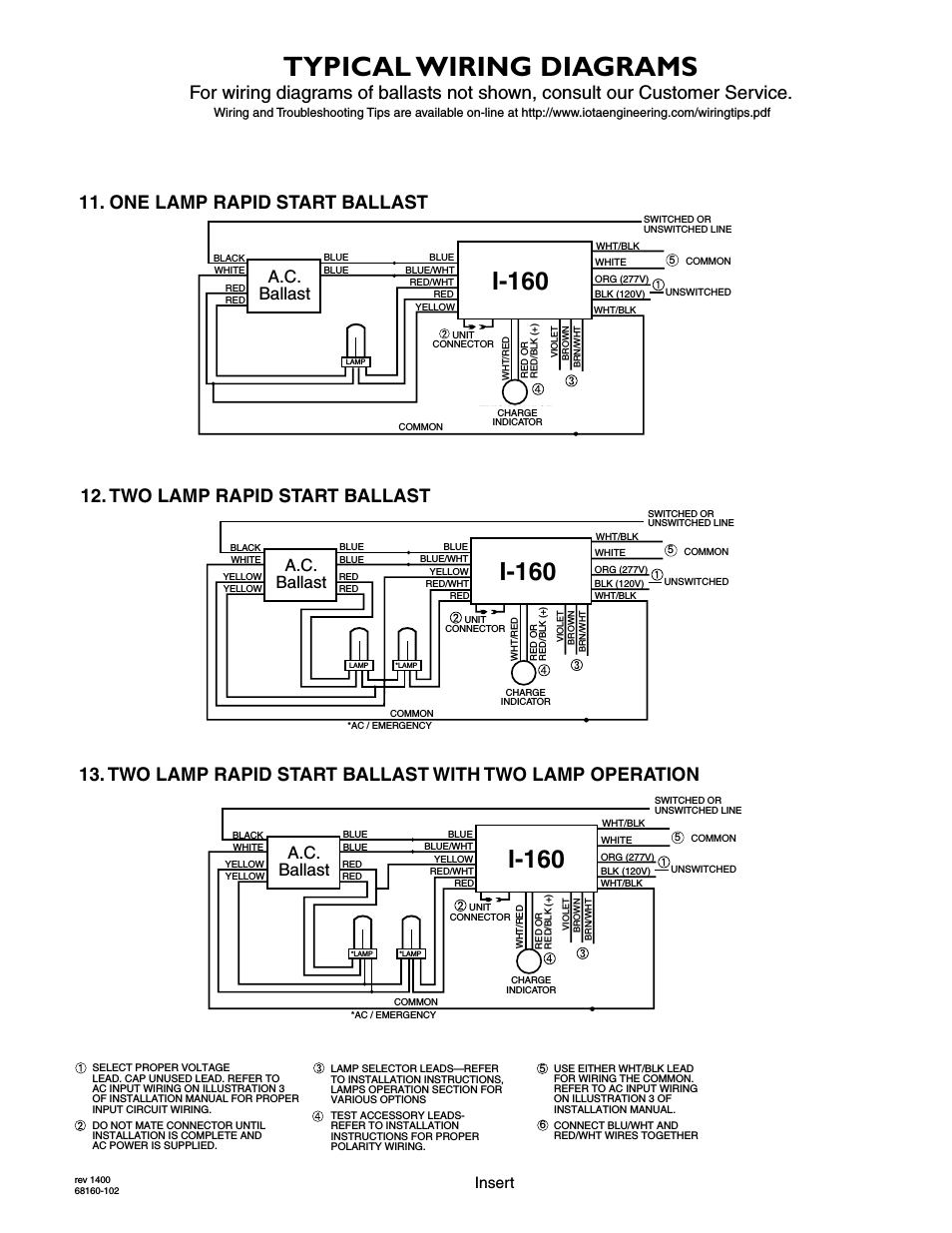 Typical Wiring Diagrams, I-160, A.c. Ballast | Iota I-160 User - Ballast Wiring Diagram